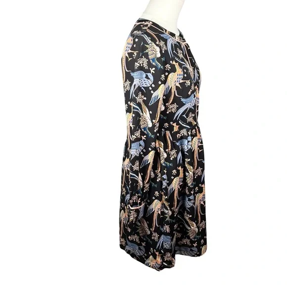 Ann Taylor Loft Long Sleeve Bird Print Dress in Black & Pastels Size 00P - Picture 3 of 9